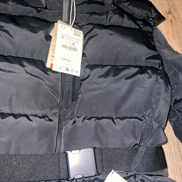 Zara Black Hooded Puffer Jacket with Belt - Picture 3 of 5